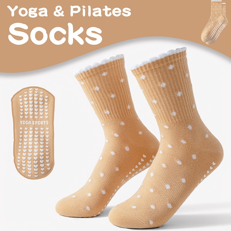 Medias Para Pilates Y Yoga - 여성용 갈색 요가 양말, 흰색 물방울무늬,